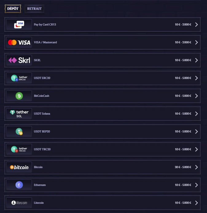 Méthodes de dépôt LolaJack avec cartes bancaires, Skrill et cryptomonnaies