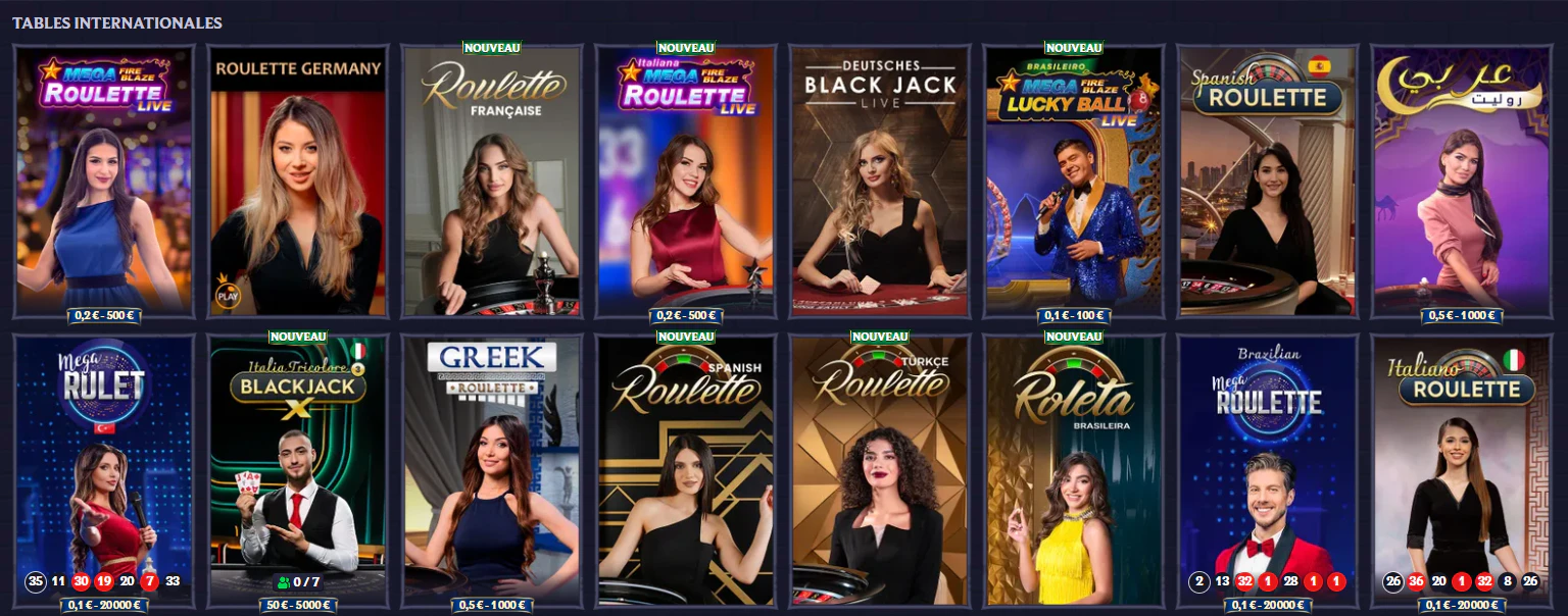 Tables internationales de LolaJack avec roulette et blackjack en direct